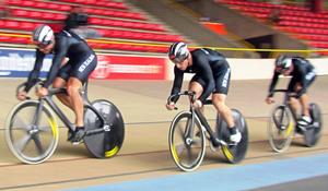 From left, Ethan Mitchell (completing his lap), Matt Archibald and Sam Webster in the team sprint final in Germany.